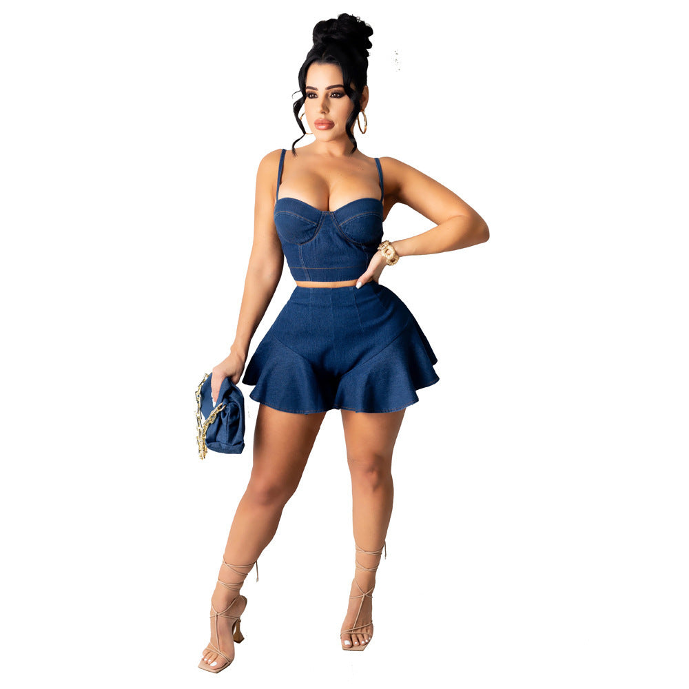 Medium Denim Straps Crop Top And High Waist
