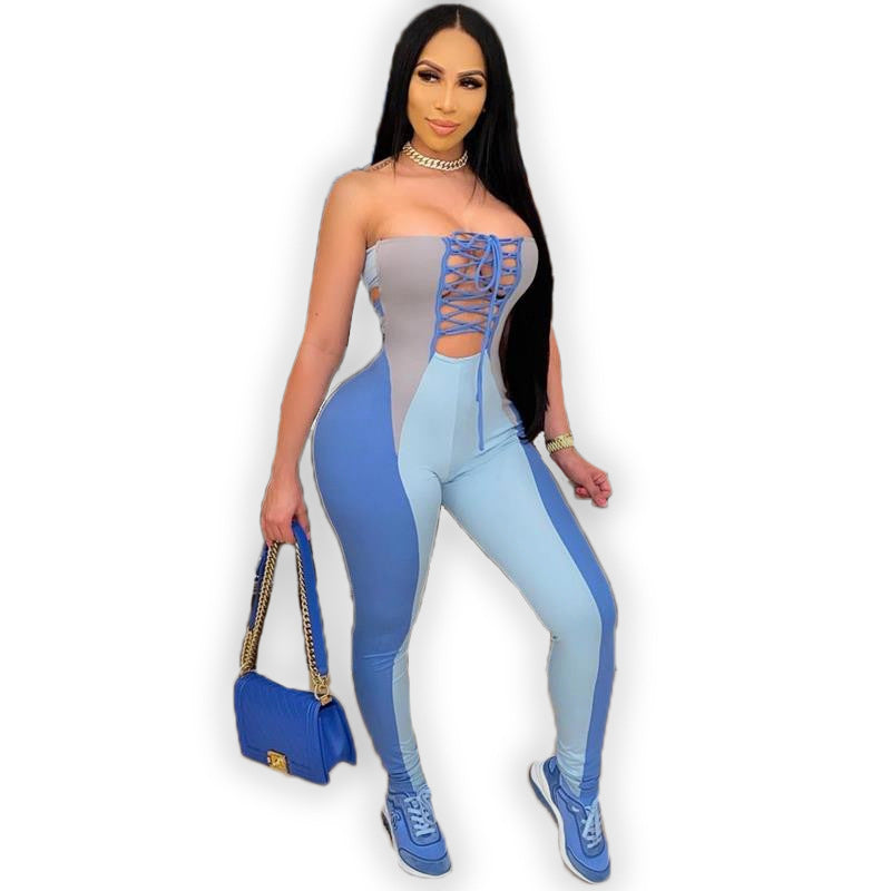 Sexy Contrast Lace-up Halter Slim-fit Jumpsuit