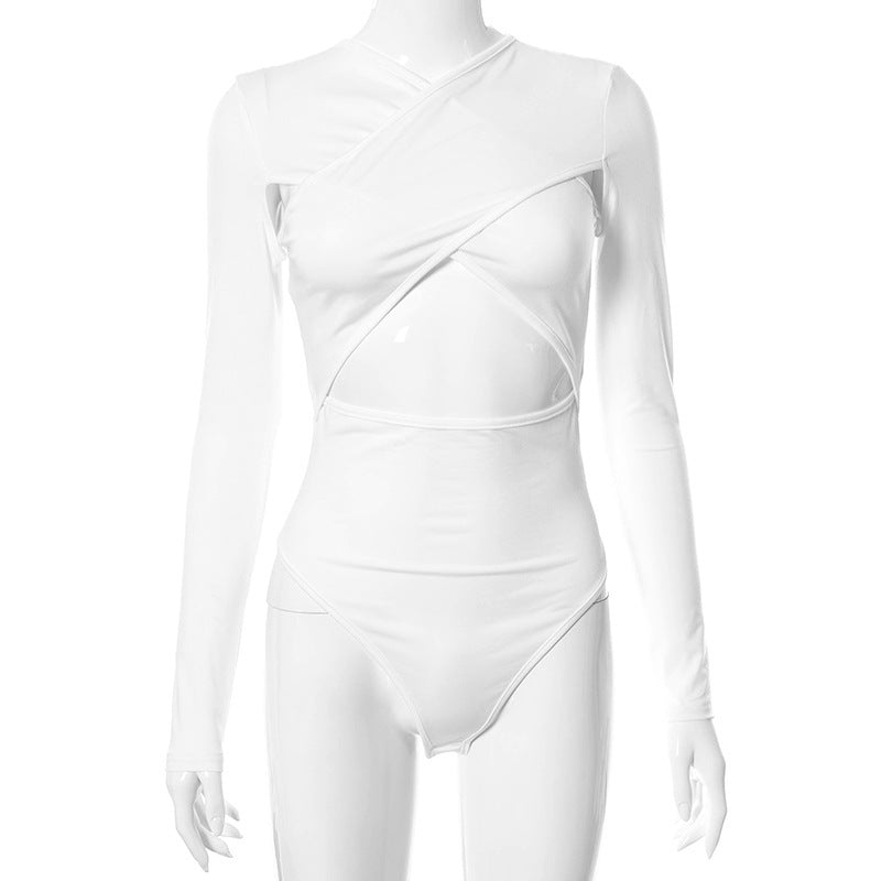Solid Color Cross Cutout Long-sleeved Waistless Bodysuit