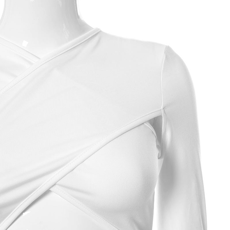 Solid Color Cross Cutout Long-sleeved Waistless Bodysuit