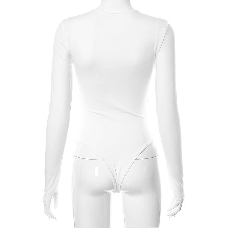 Solid Color Cross Cutout Long-sleeved Waistless Bodysuit