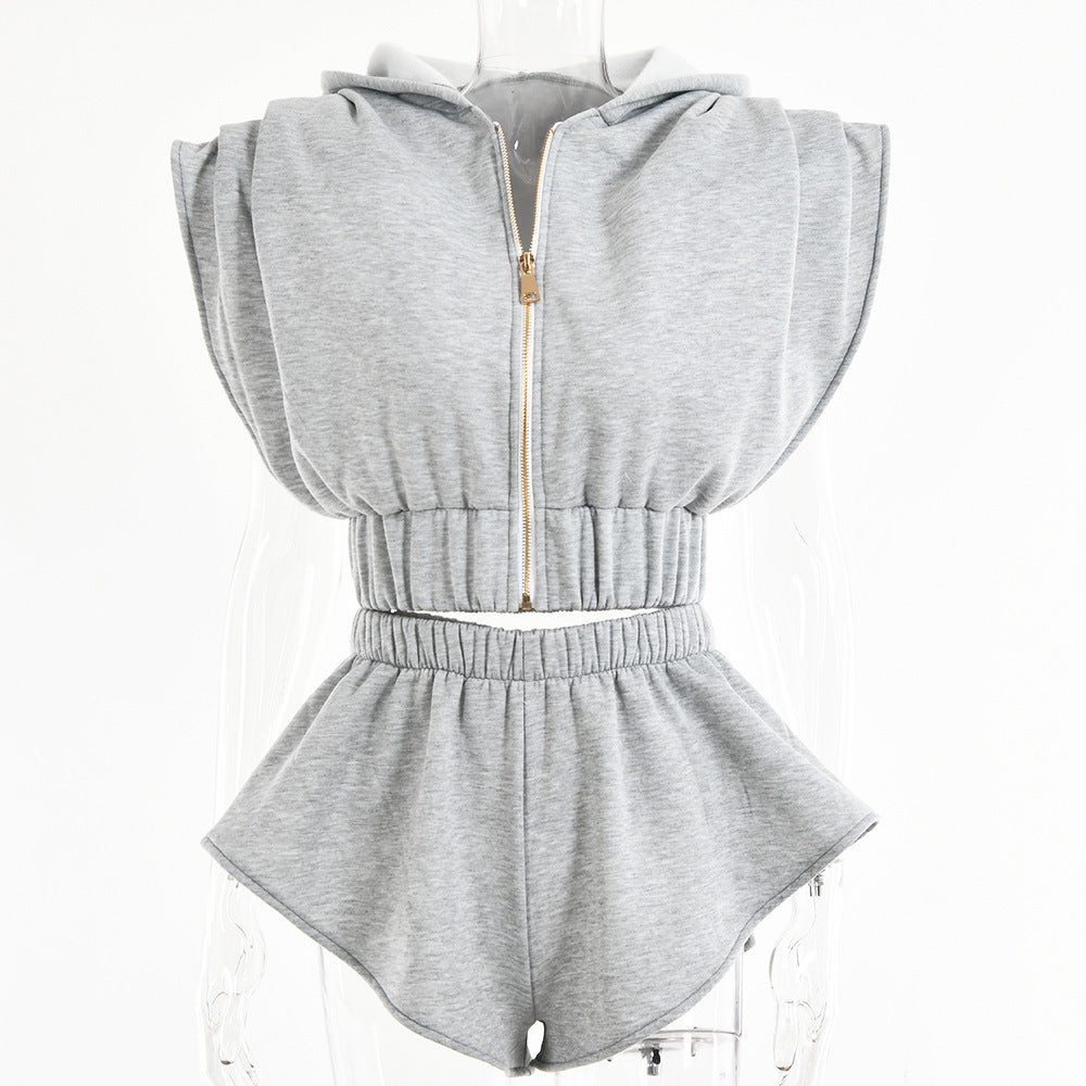 Loose Bat Sleeve Shoulder Pad Hoodie Sports Shorts Set