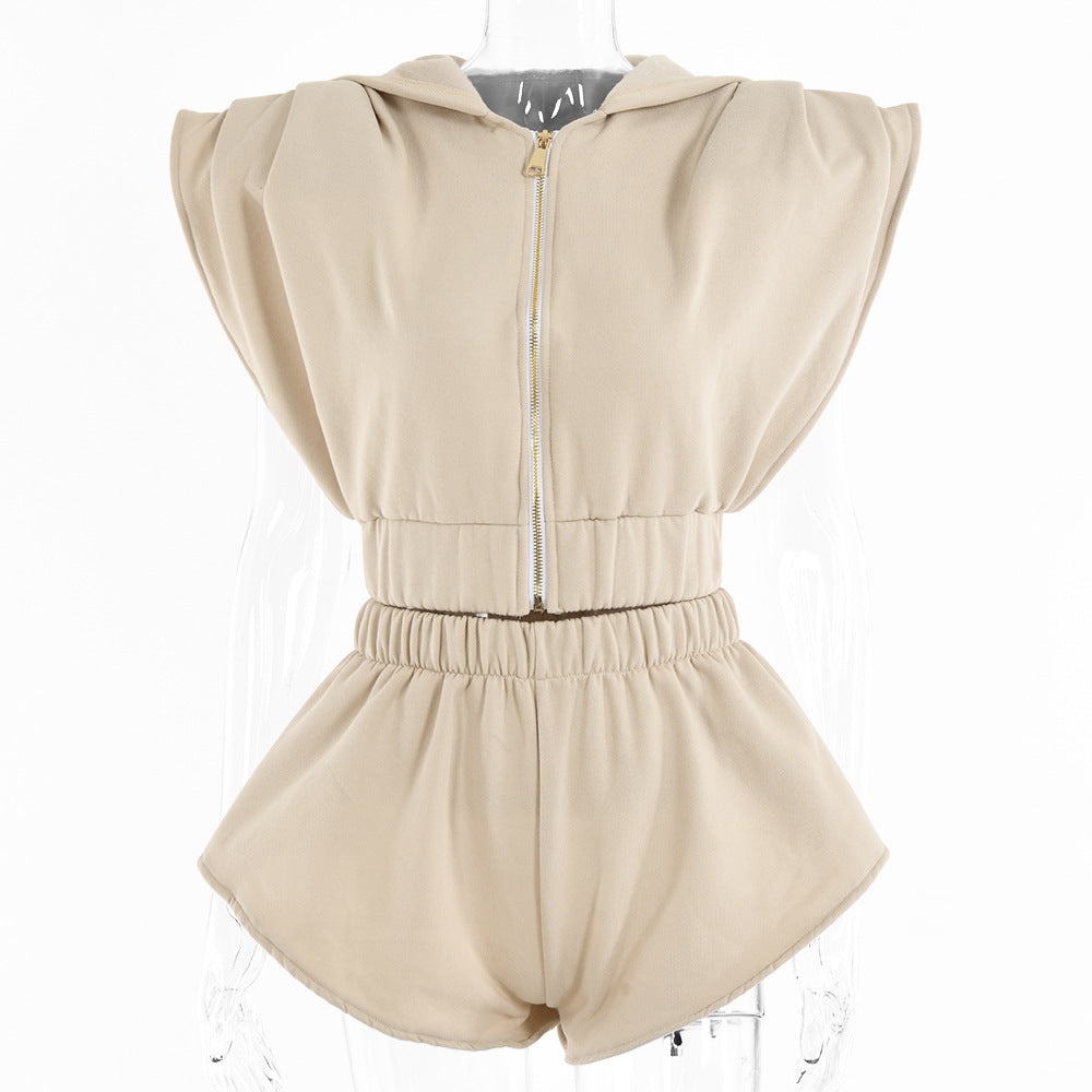 Loose Bat Sleeve Shoulder Pad Hoodie Sports Shorts Set