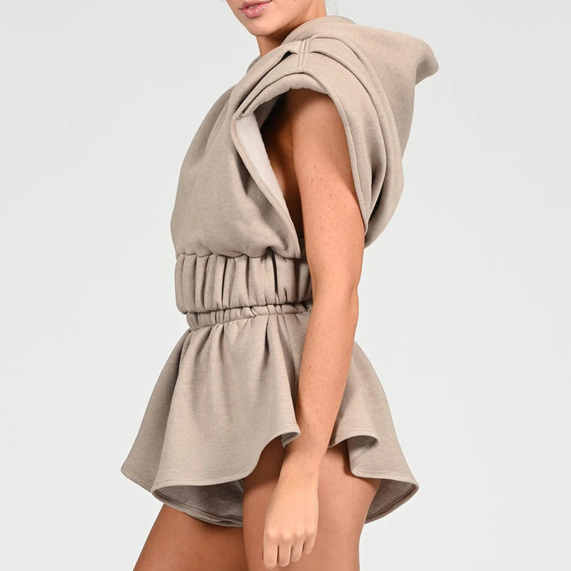 Loose Bat Sleeve Shoulder Pad Hoodie Sports Shorts Set