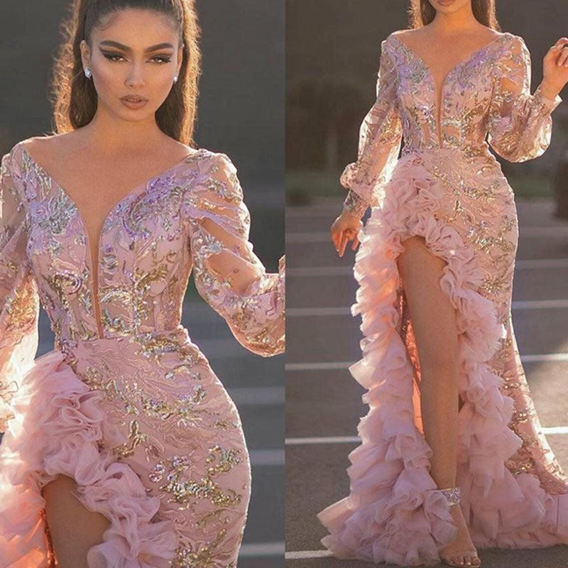 Hip Trailing Sequin Pink Long Mesh Evening Dress