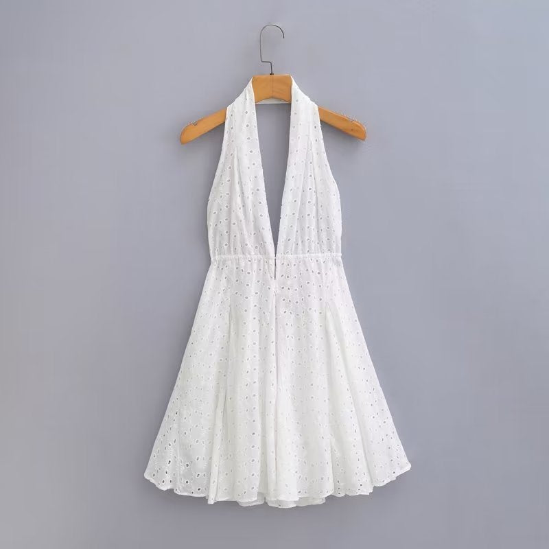 Hollow Embroidered Hanging Collar Dress Backless Skirt
