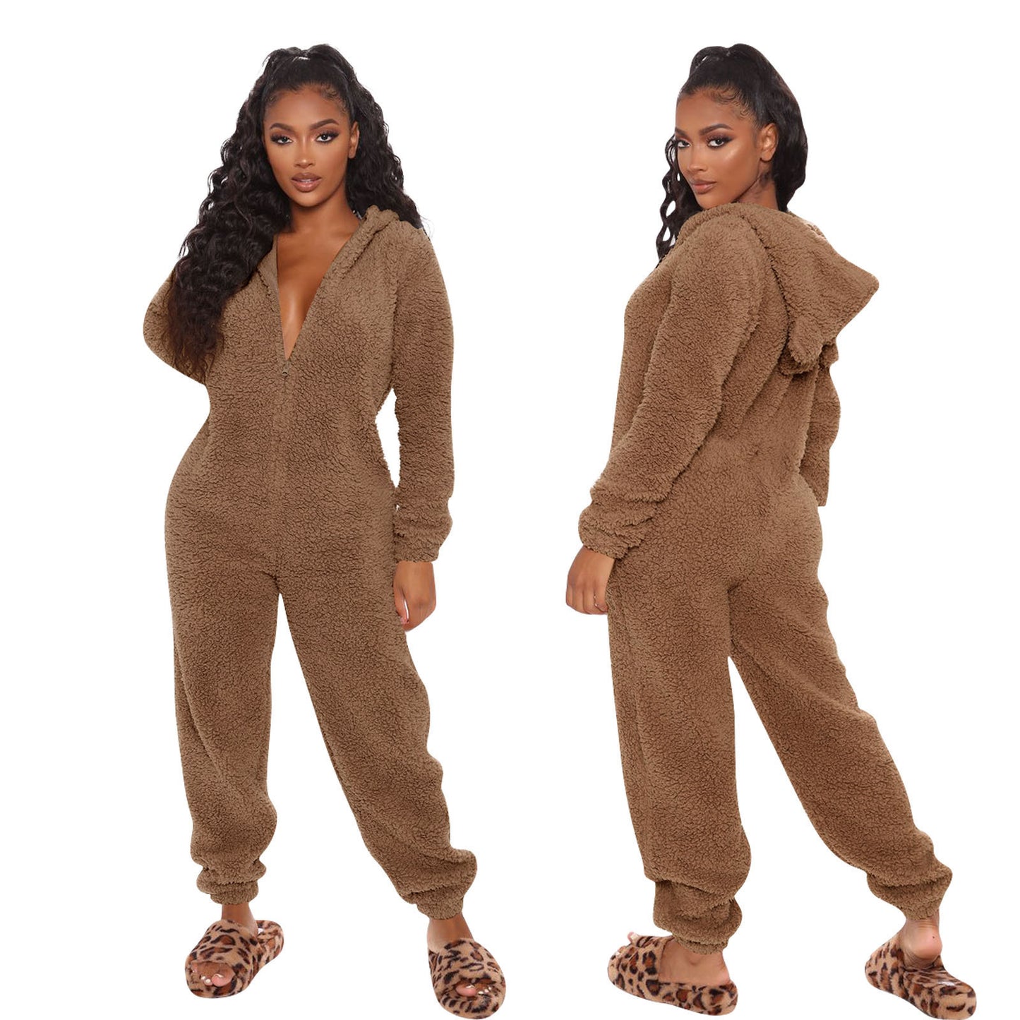 New Autumn And Winter Long Sleeve Hooded Casual Jumpsuit Trousers Plush Homewear Pajamas Cute Jumpsuit