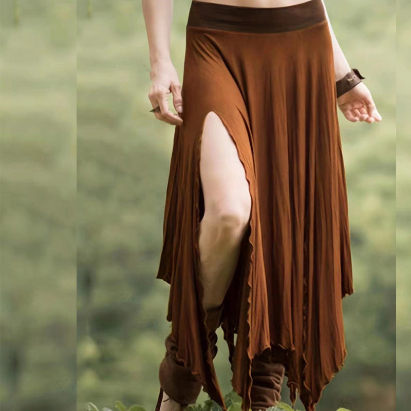 Ladies Retro Fashion Hem Irregular Elastic Waist Color Contrast Patchwork Lace-up Skirt