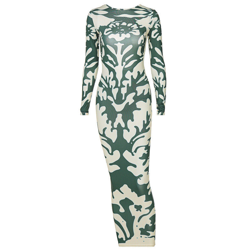 Fashion Printed Slim Fit Backless Long Sleeve Dress Women