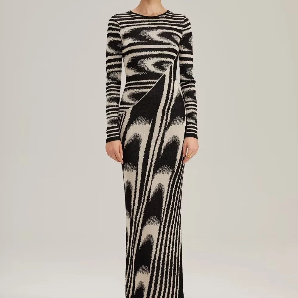 Abstract Jacquard Half Zipper Knitted Sheath Dress