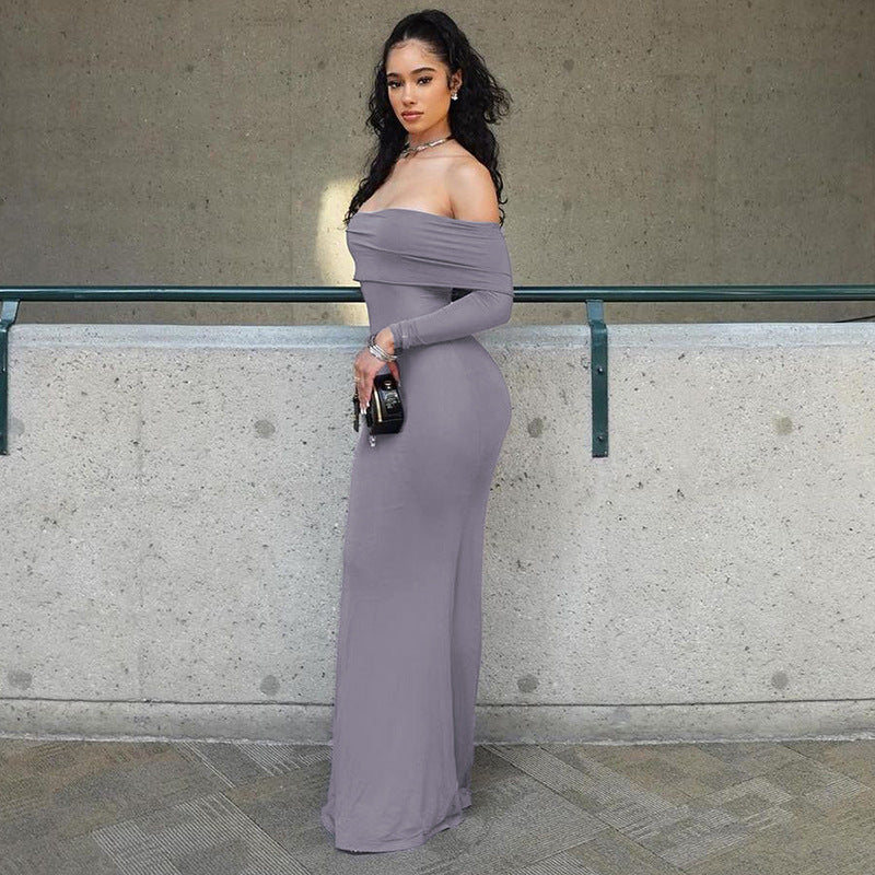 Off-shoulder Stitching Patchwork Long Sleeve Narrow Solid Color Dress Women