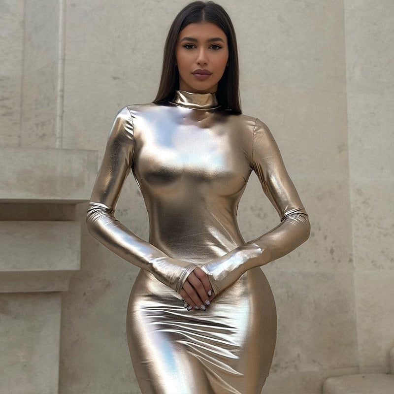 Polyester Sexy Backless Pleated Solid Color Long Sleeve Finger Stall Dress