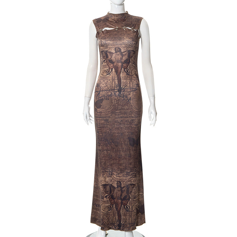 Round Neck Pullover Sleeveless Printed Hollow Dress Women