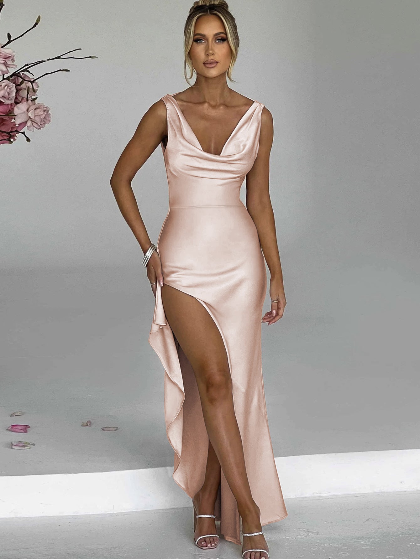V-neck Brace Sheath Backless Irregular Slit Long Dress