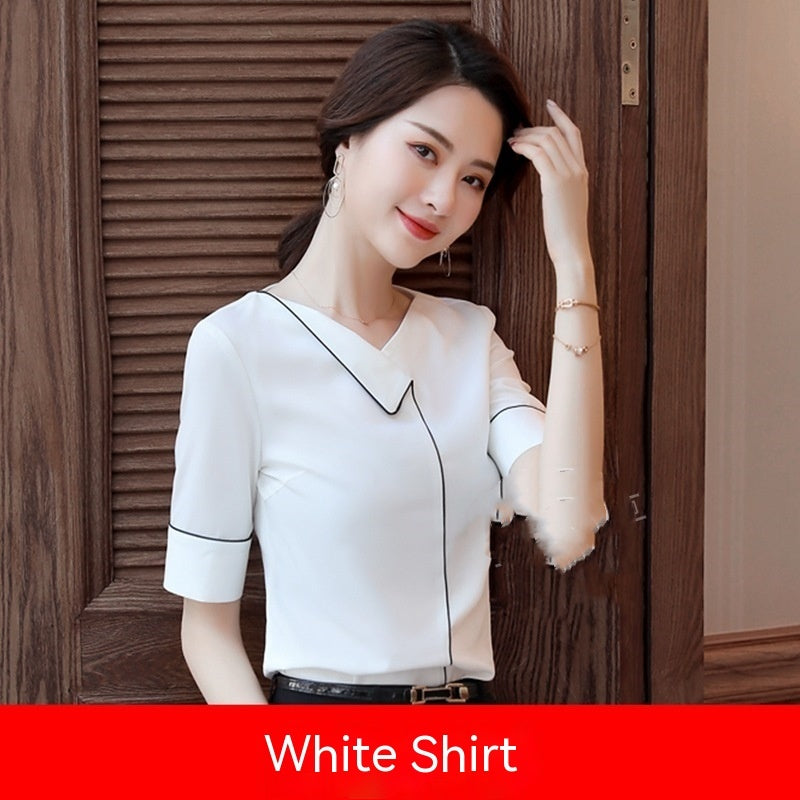 New Women's Collar Short Sleeve Business Solid Color Shirt