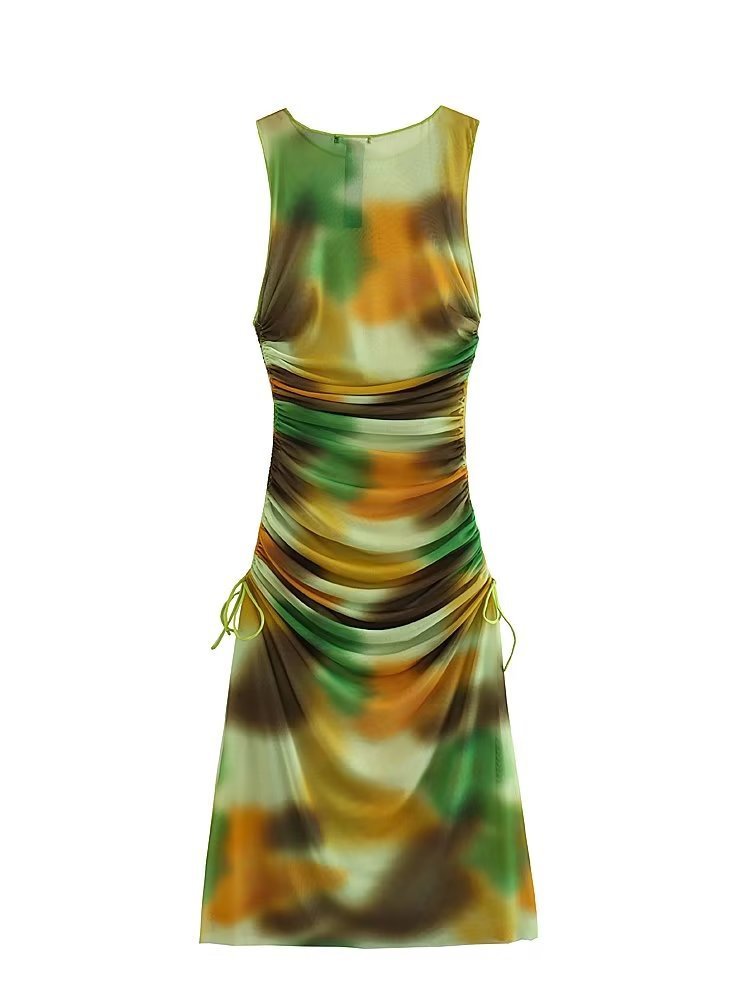 New Sleeveless Pleated Lace-up Slim Fit Slit Long Skirt Translucent Silk Net Western Style Printed Dress