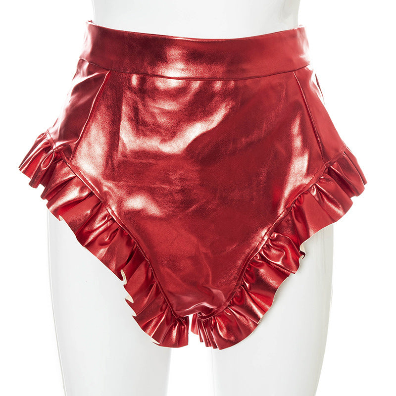 Women's PU Leather Shorts With Wooden Ears