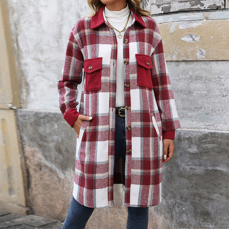New Brushed Plaid Long Coat With Pockets Fashion Winter Jacket Outwear