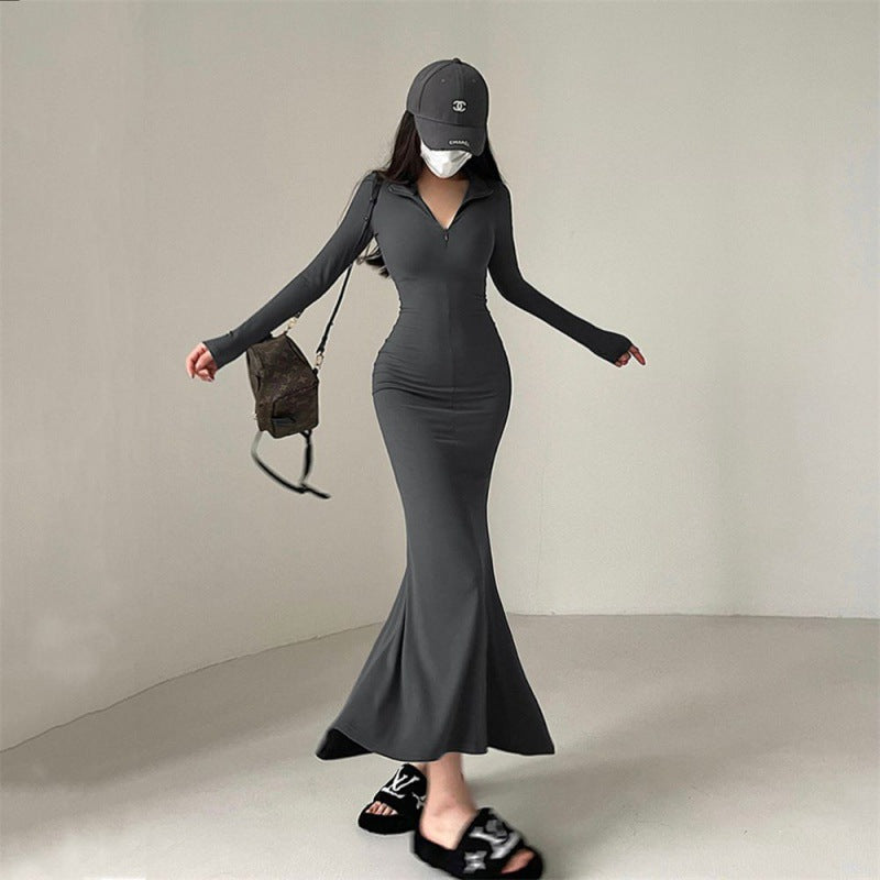 Tight Zipper And Lapel Long Sleeve Fishtail Dress