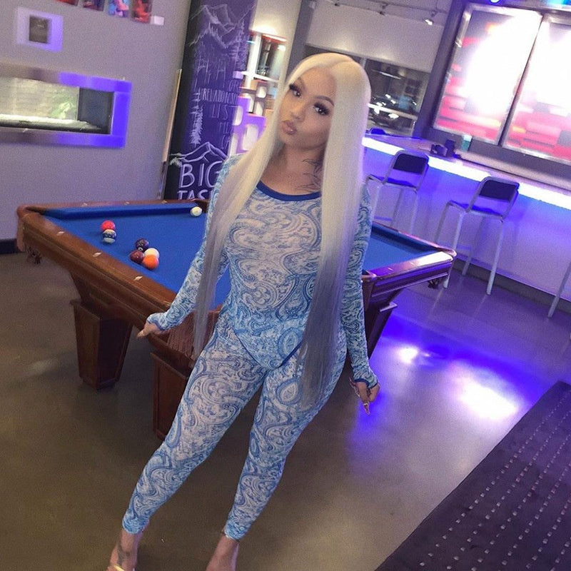 Sexy mesh perspective printed jumpsuit suit