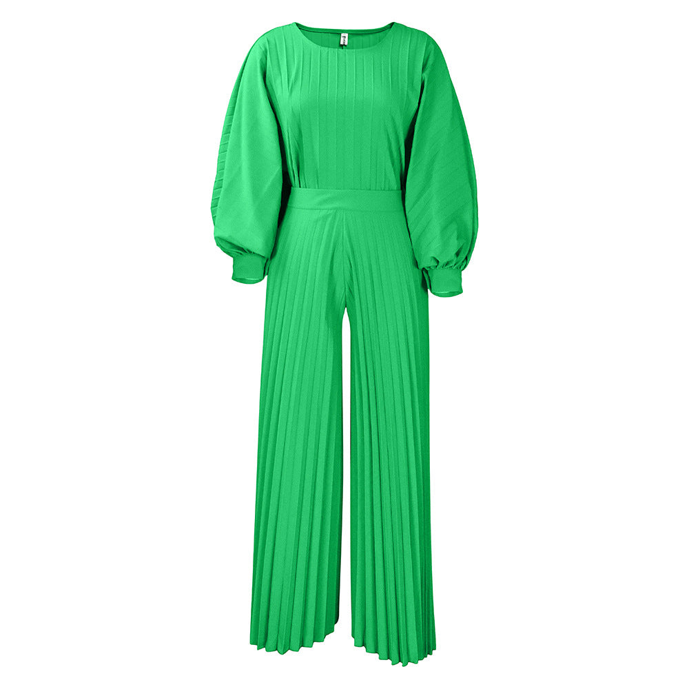 Women's Loose Casual V-neck Batwing Sleeve Pleated Dress