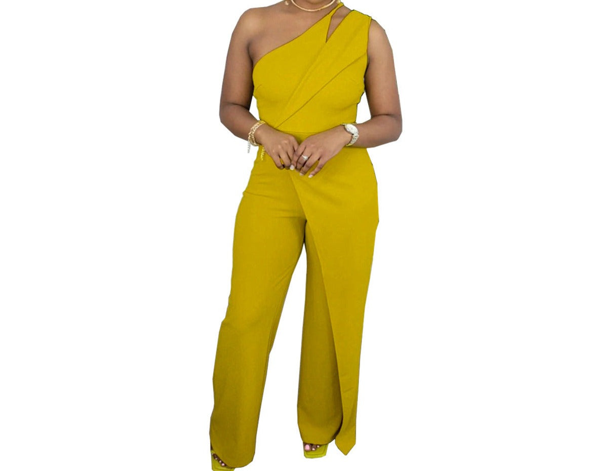 Fashion Casual One-shoulder Back Concealed Zipper Sleeveless Wide Leg Jumpsuit