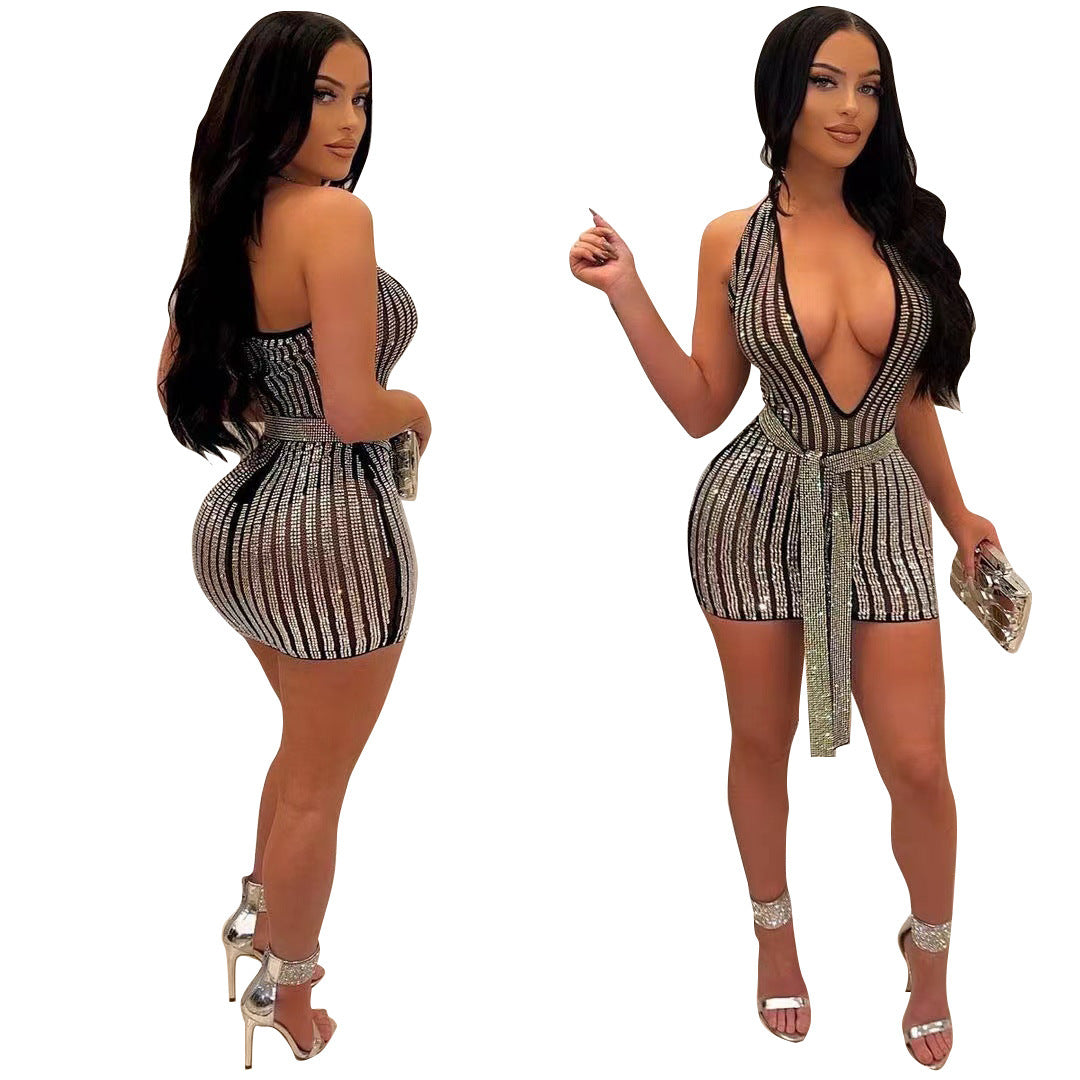 Women's Clothing Sexy Slim Fit Rhinestone V-neck Sleeveless Dress