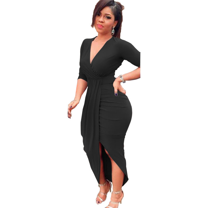 Nightclub Irregular Long-sleeved V-neck Dress