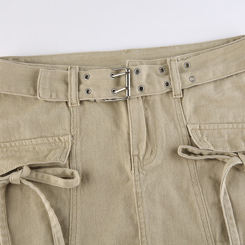 Low-rise Belted Denim Casual Skirt With Lace-up Pockets