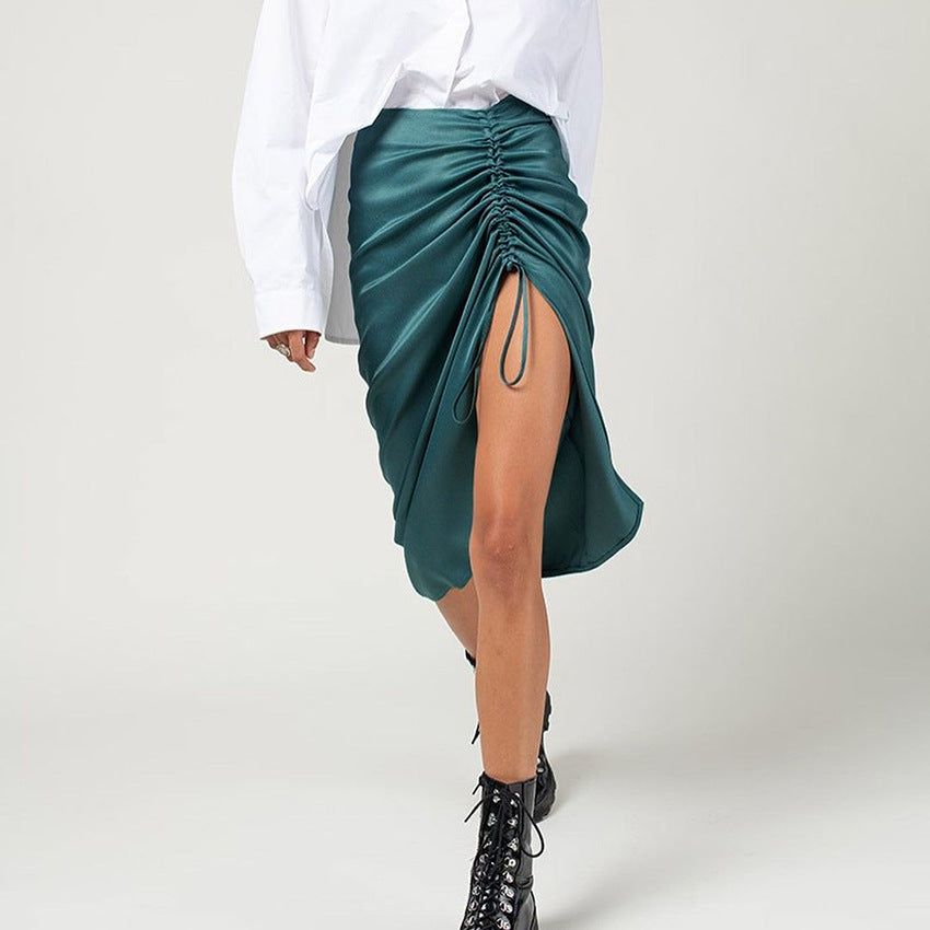 Sexy Pleated Lace Irregular Satin Skirt Women