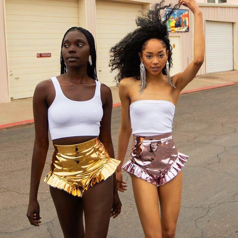 Women's PU Leather Shorts With Wooden Ears