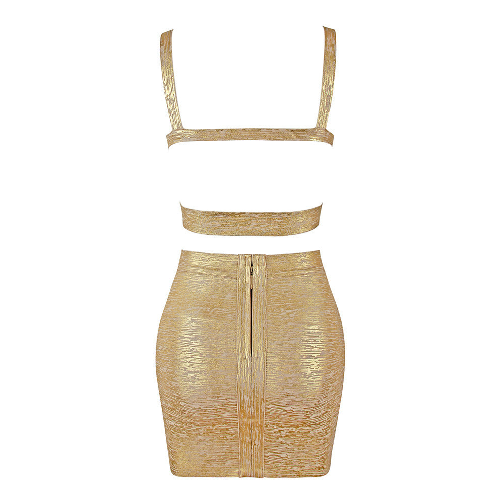 Slanted shoulder bronzing short skirt