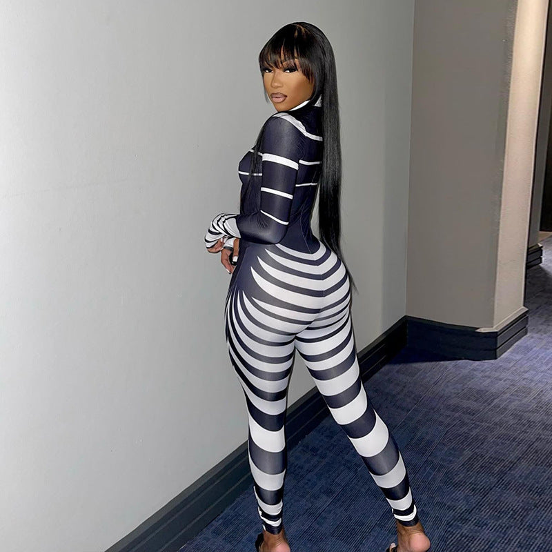 Women's Stand Collar Hollowed Out Print Long Sleeve Hip-lifting Bodysuit