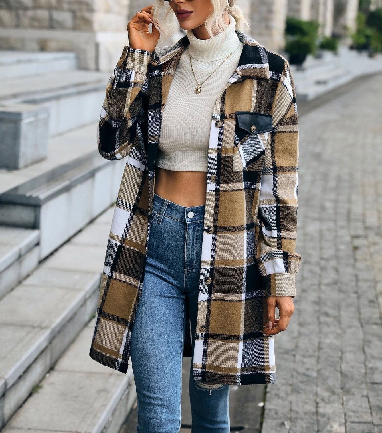 Casual Plaid Printed Pocket Long Jacket