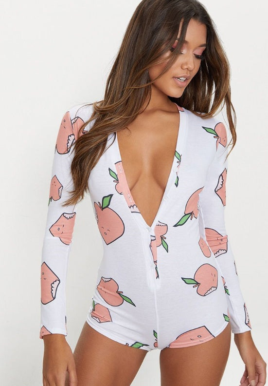Printed long-sleeved pajamas deep V nightclub tight sexy jumpsuit