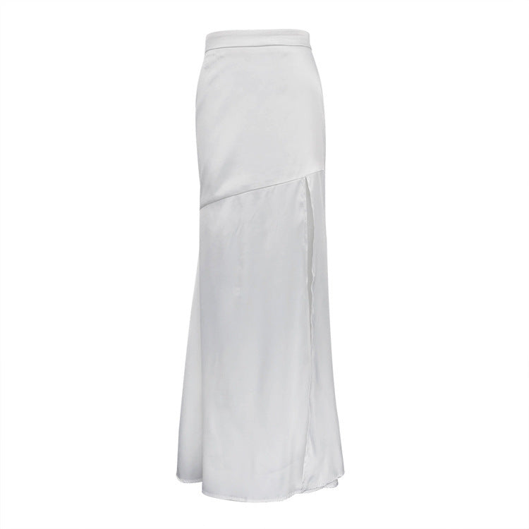 New Elegant Graceful Solid Color Silk Satin High Slit Skinny Sheath Fishtail Skirt Ins