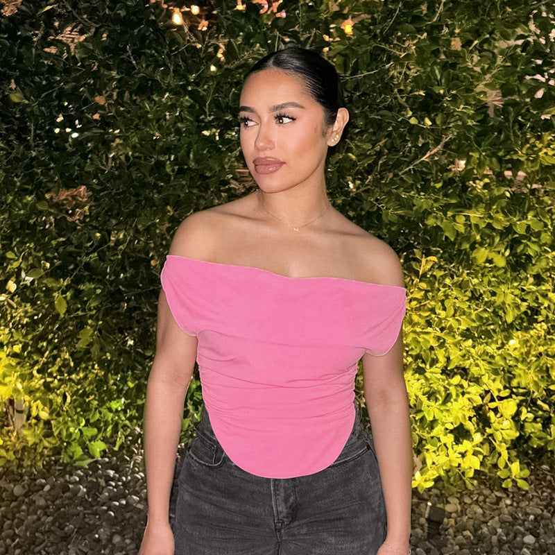 Slim Fit T-shirt Style Off-shoulder Pleated Slim Fit Arc Swing Top