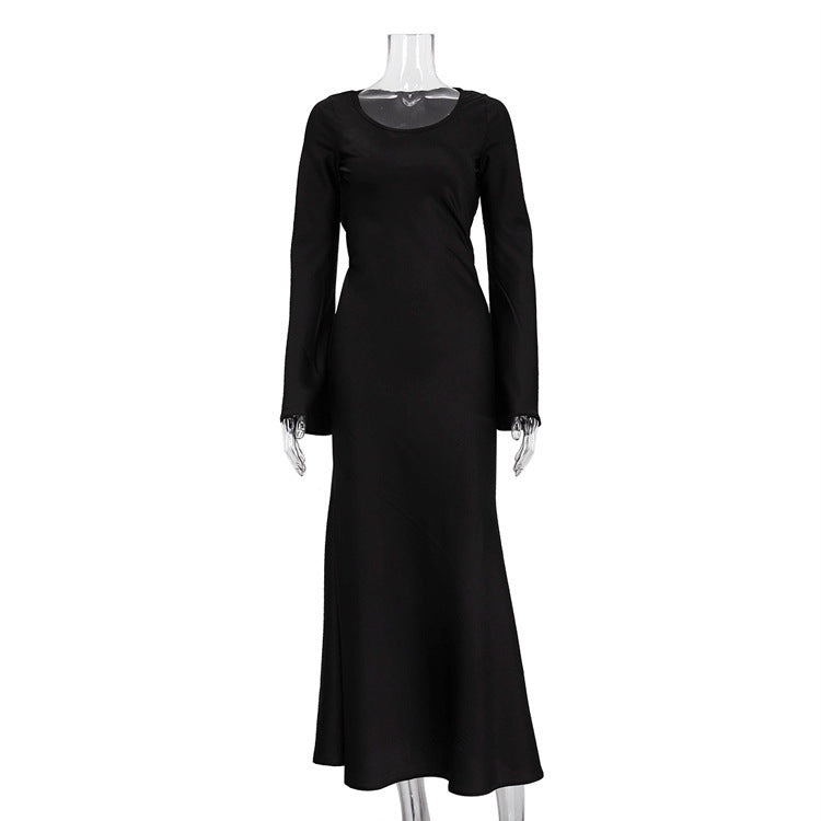 Black Strap Slim-fit Satin Bell Sleeve Sheath Dress