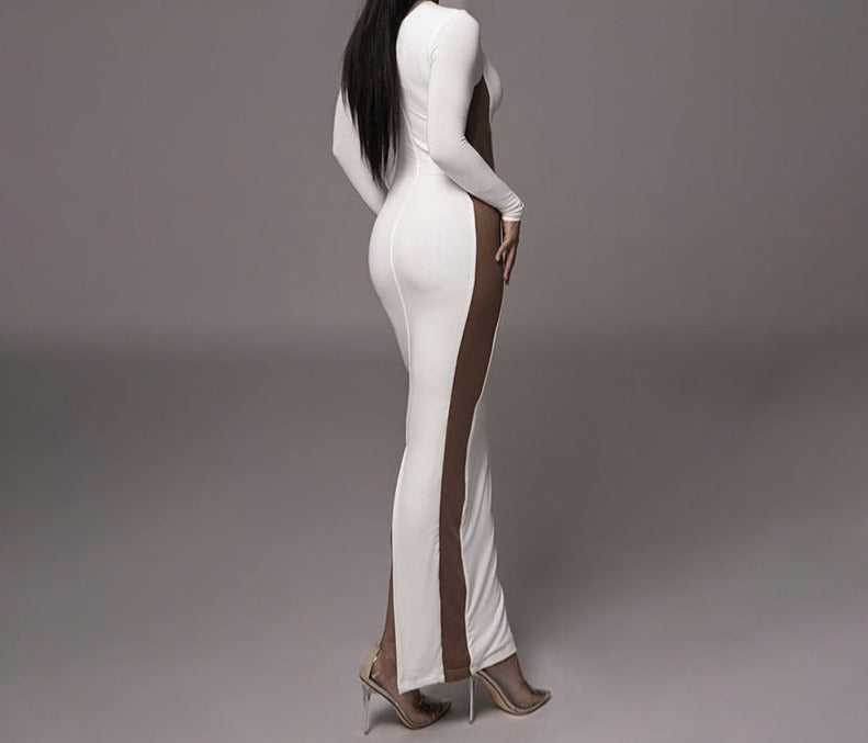 Color Contrast Round Neck Long Sleeve Split Dress