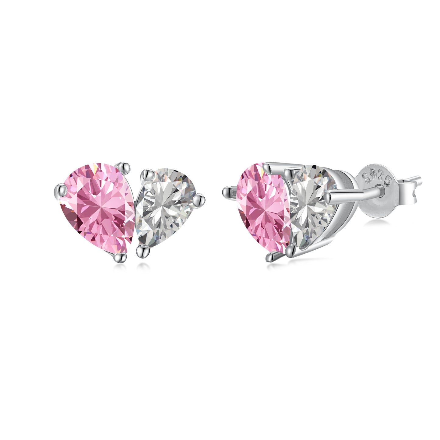 S925 Sterling Silver Zircon Necklace Ear Stud Pink White Love Heart Drop Shape Jewelry Suit