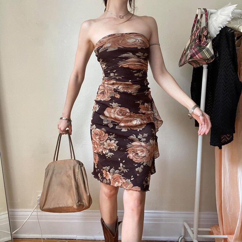 Retro Sexy Rose Print Dress Backless Tight