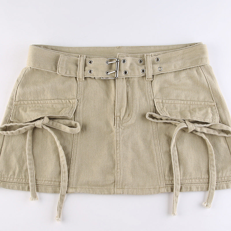 Low-rise Belted Denim Casual Skirt With Lace-up Pockets