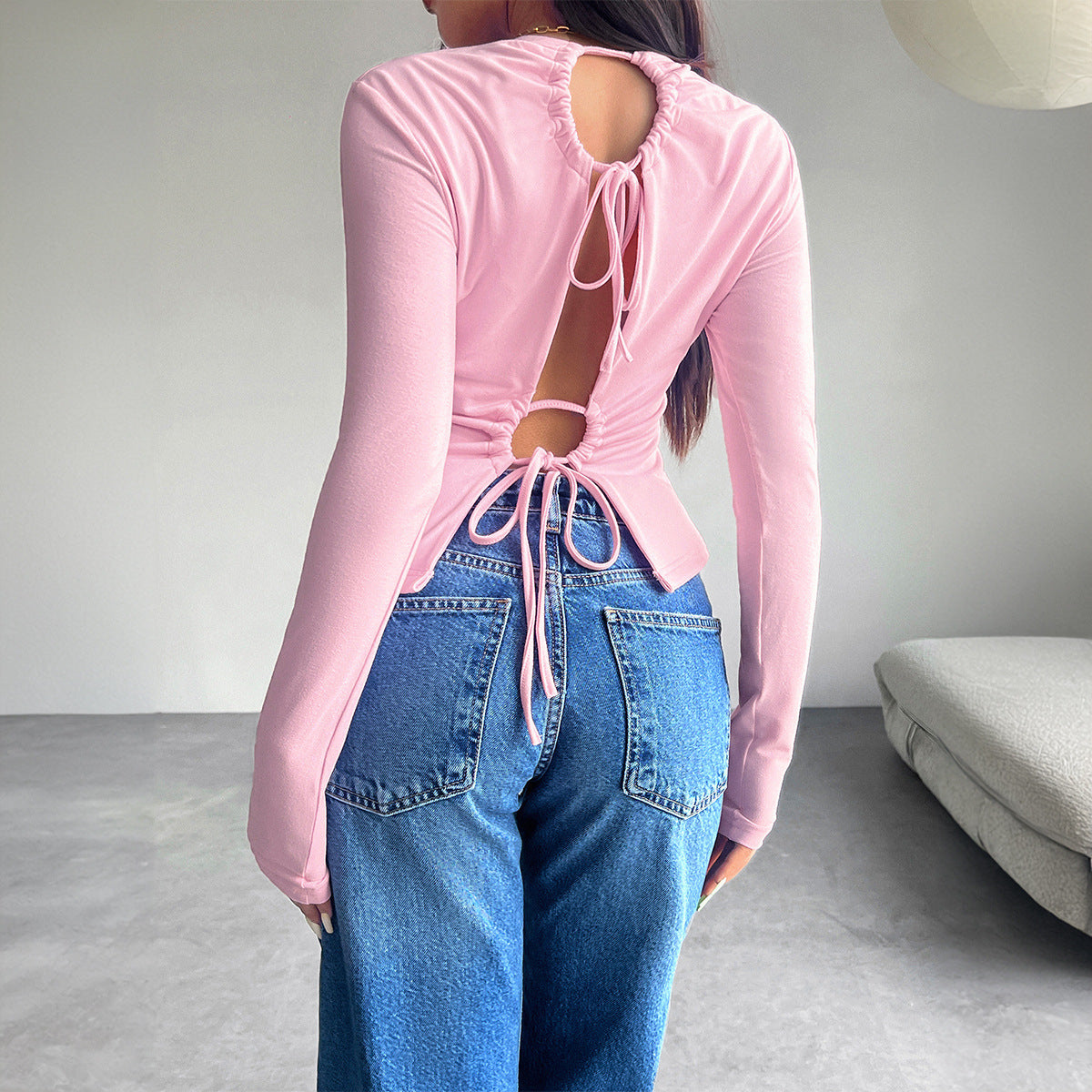 Y2g Temperament Pure Color Backless Pleating Long-sleeved Top