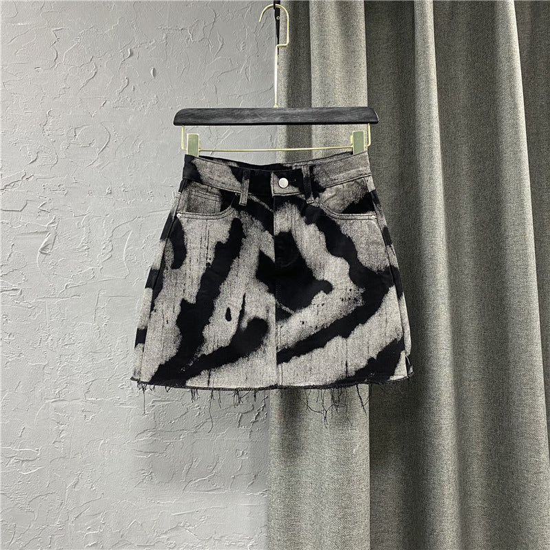Women's High Waist Denim Skirt With Frayed Edges