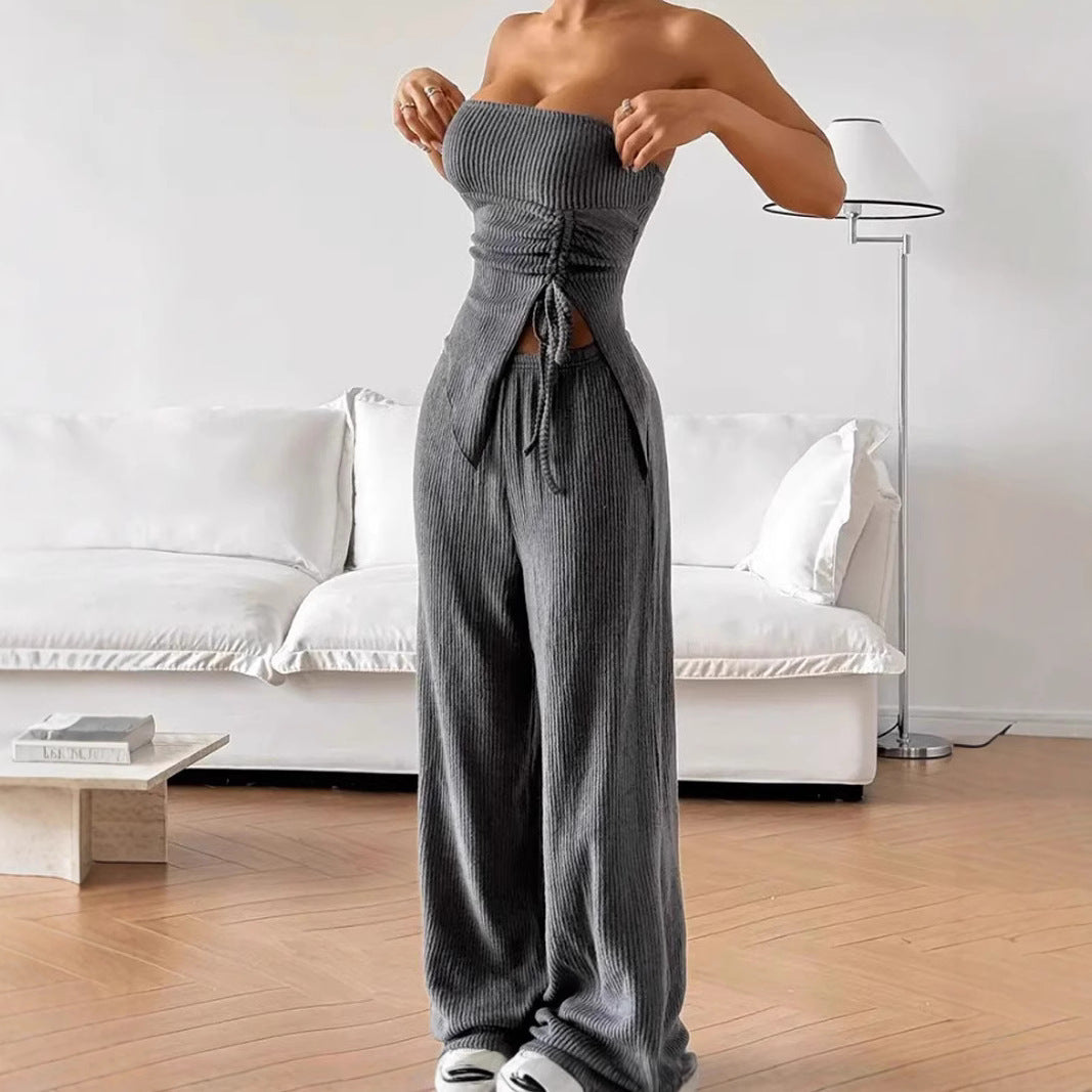 Sexy Chest Wrap Two-piece Set Slit Top Straight Trousers Pit Strip Set