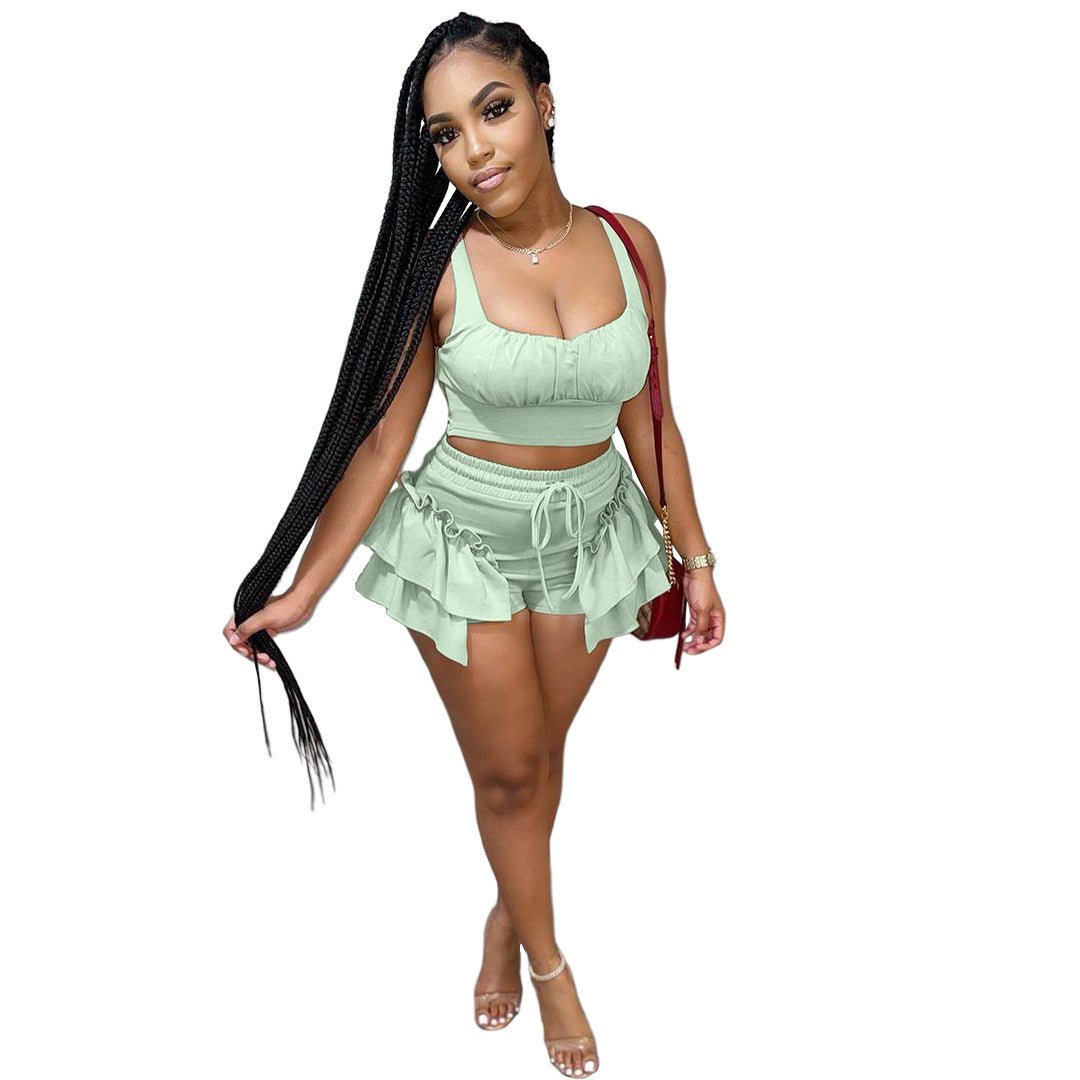 Two-piece Suit Of Solid Color Vest And Shorts With Wooden Ears