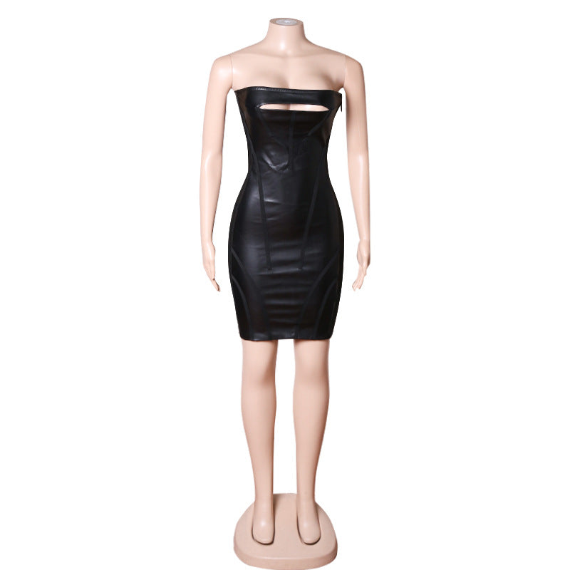Hollow Tube Top Short Type Leather Skirt