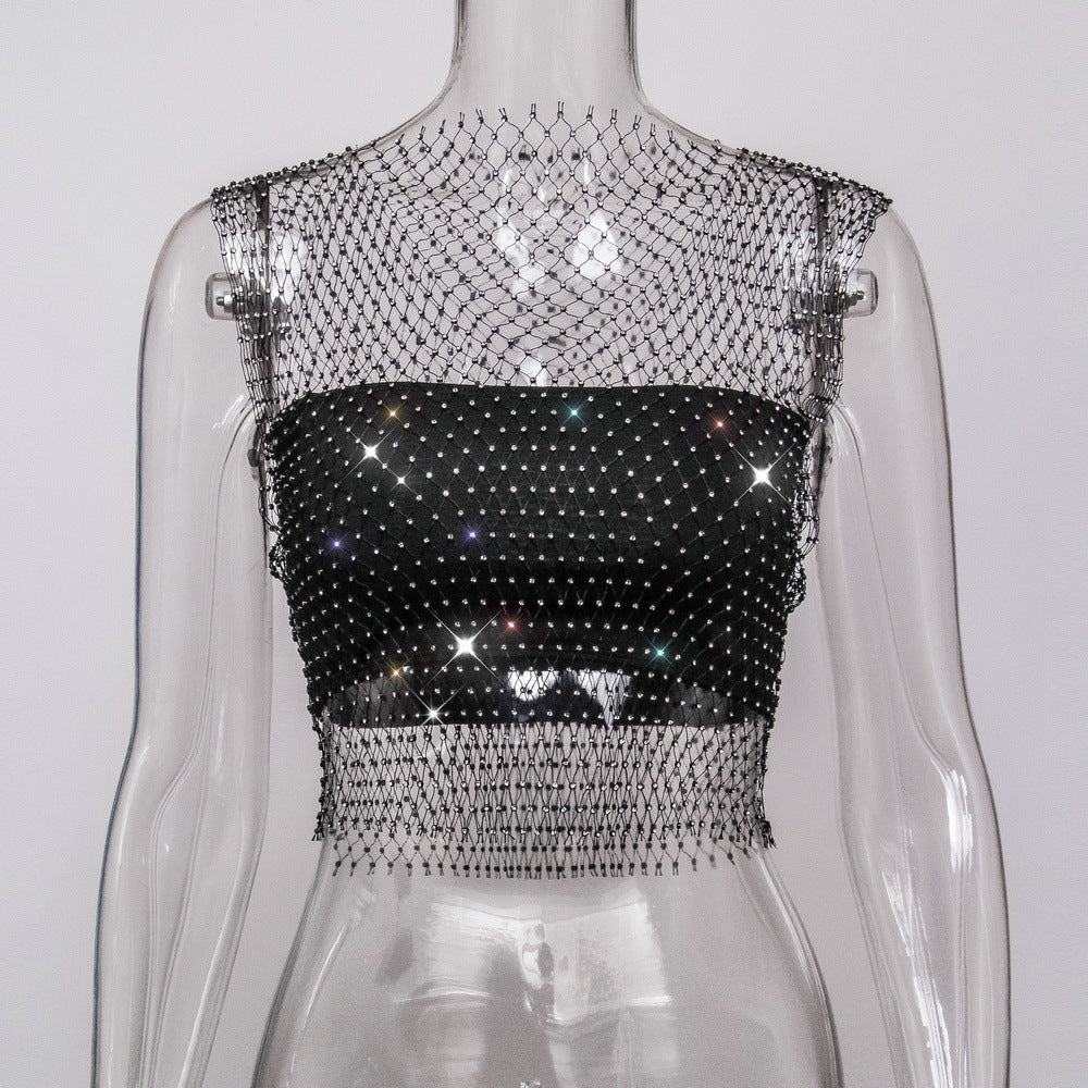 Net Drill Rhinestone Women's Clothing Short Sleeve Vest