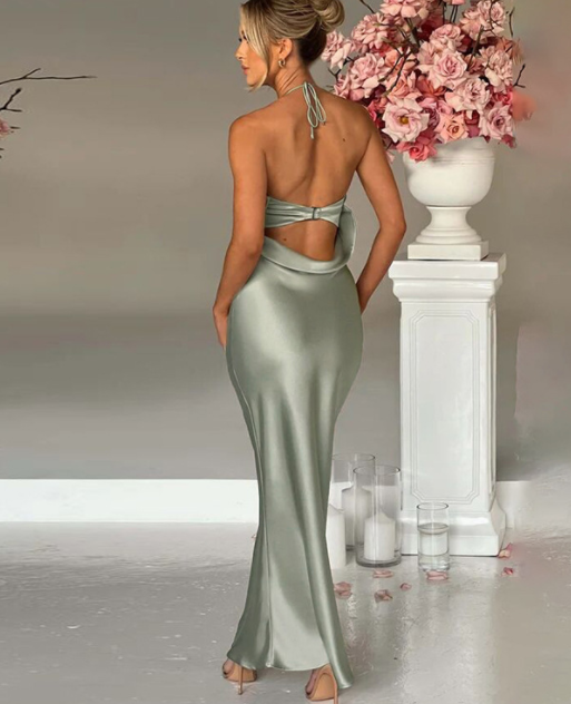 Hanging Neck Sexy Open Back Slim Fit Wrapped Hip Dress