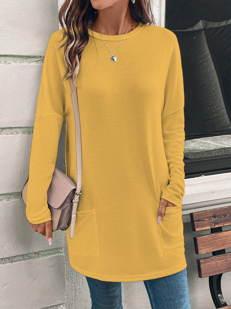 Solid Color Long Sleeve Loose Round Neck Pocket Top T-shirt